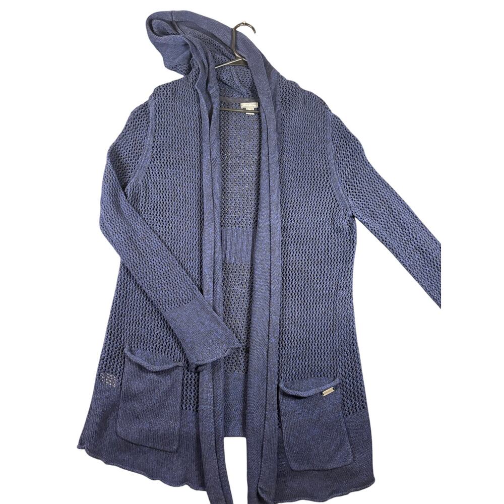Eddie Bauer Navy Linen Cotton Hooded Open Knit Cardigan L